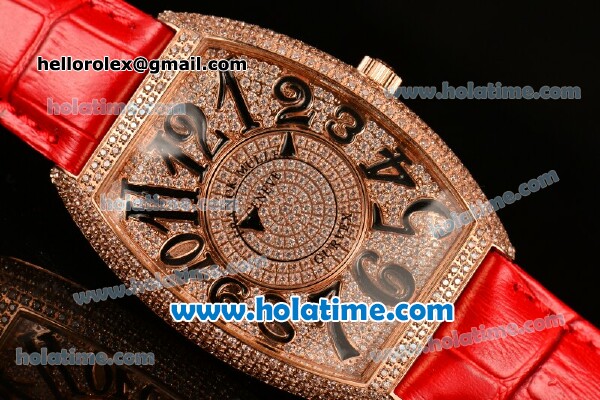 Franck Muller Cintree Curvex Swiss Quartz Rose Gold/Diamonds Case with Diamonds Dial Black Numeral Markers and Red Leather Strap - Click Image to Close